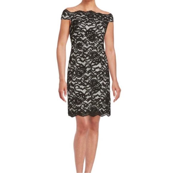 Aidan Mattox Black Lace Off Shoulder Sheath Special Occasion Dress Size 4 - Picture 1 of 10